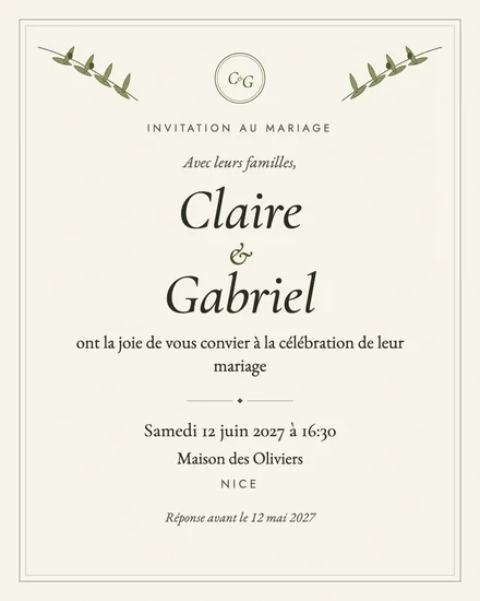 Matching Olivier PNG card for Claire and Gabriel’s fictional wedding.