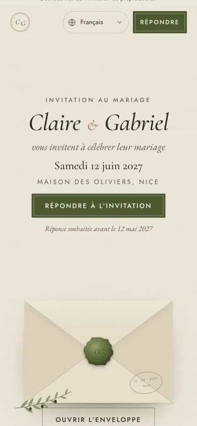 Real mobile preview of the Olivier theme for Claire and Gabriel’s fictional wedding.