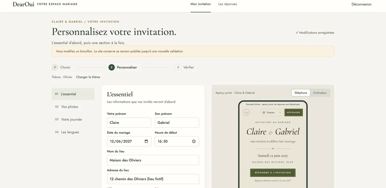 DearOui editor in French: names and wedding date with a private preview.