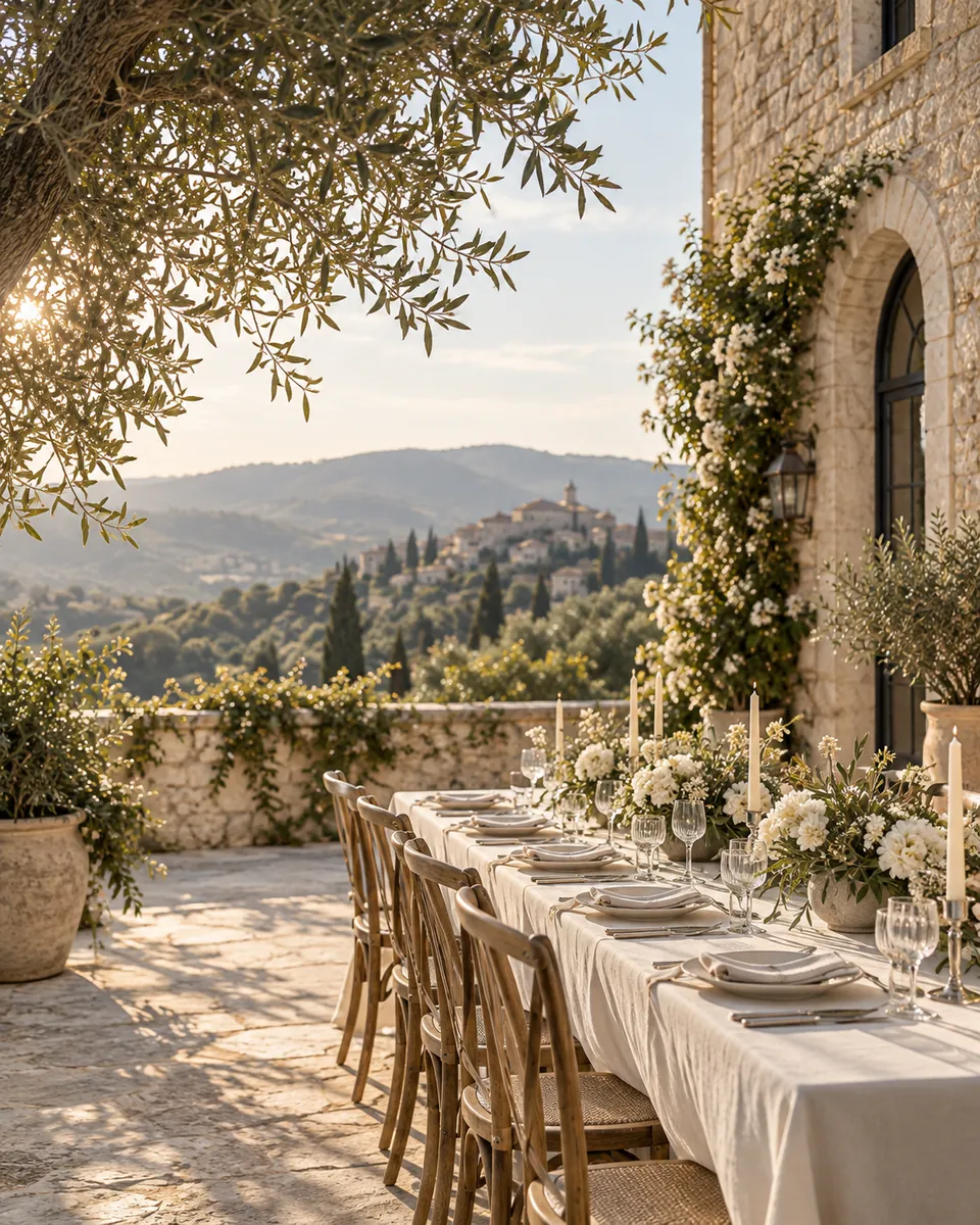 Mediterranean reception under an olive tree: generated atmosphere image.