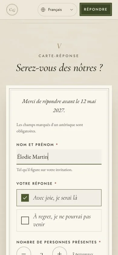 DearOui mobile RSVP form in French, with fictional information.